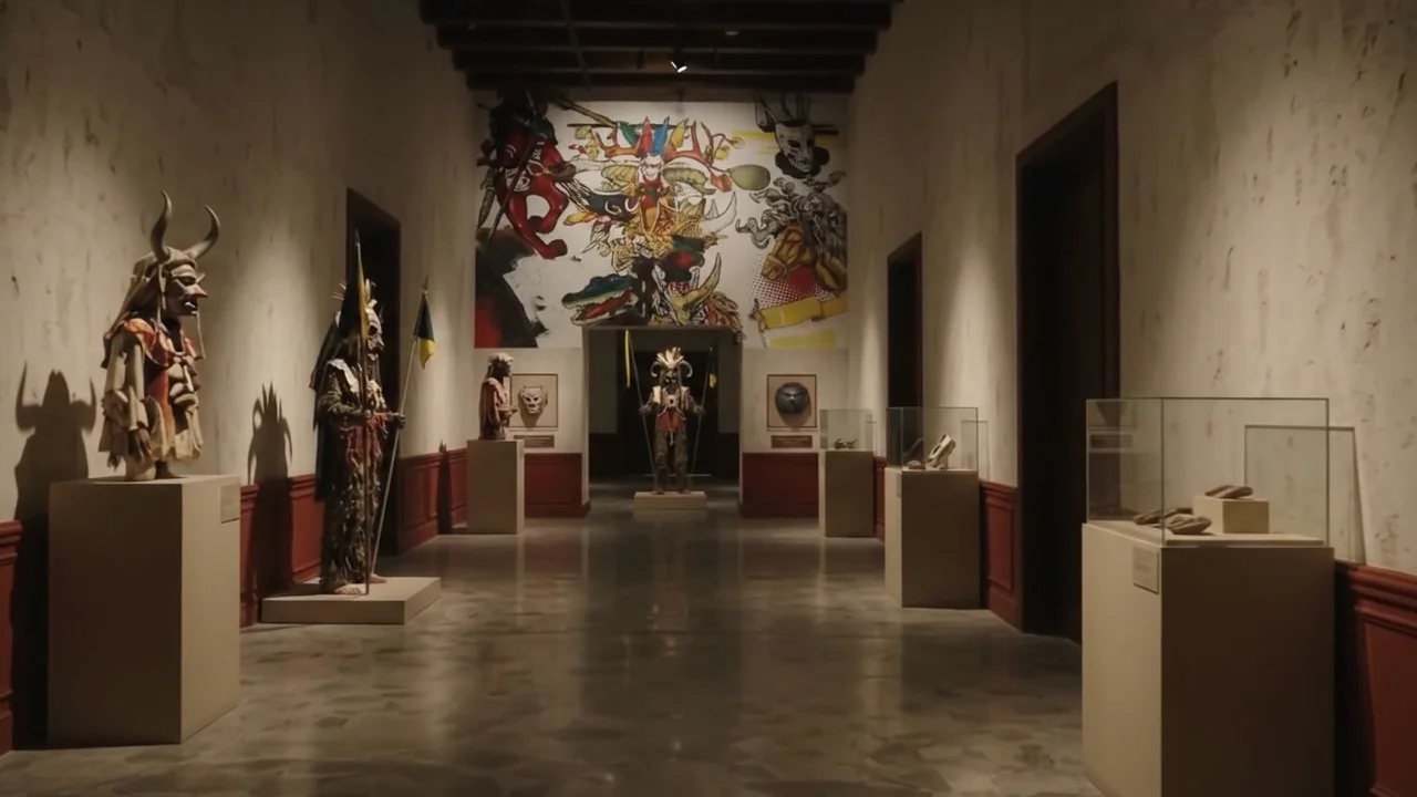 Gran salón del museo con las figuras de las cuadrillas y un mural al fondo