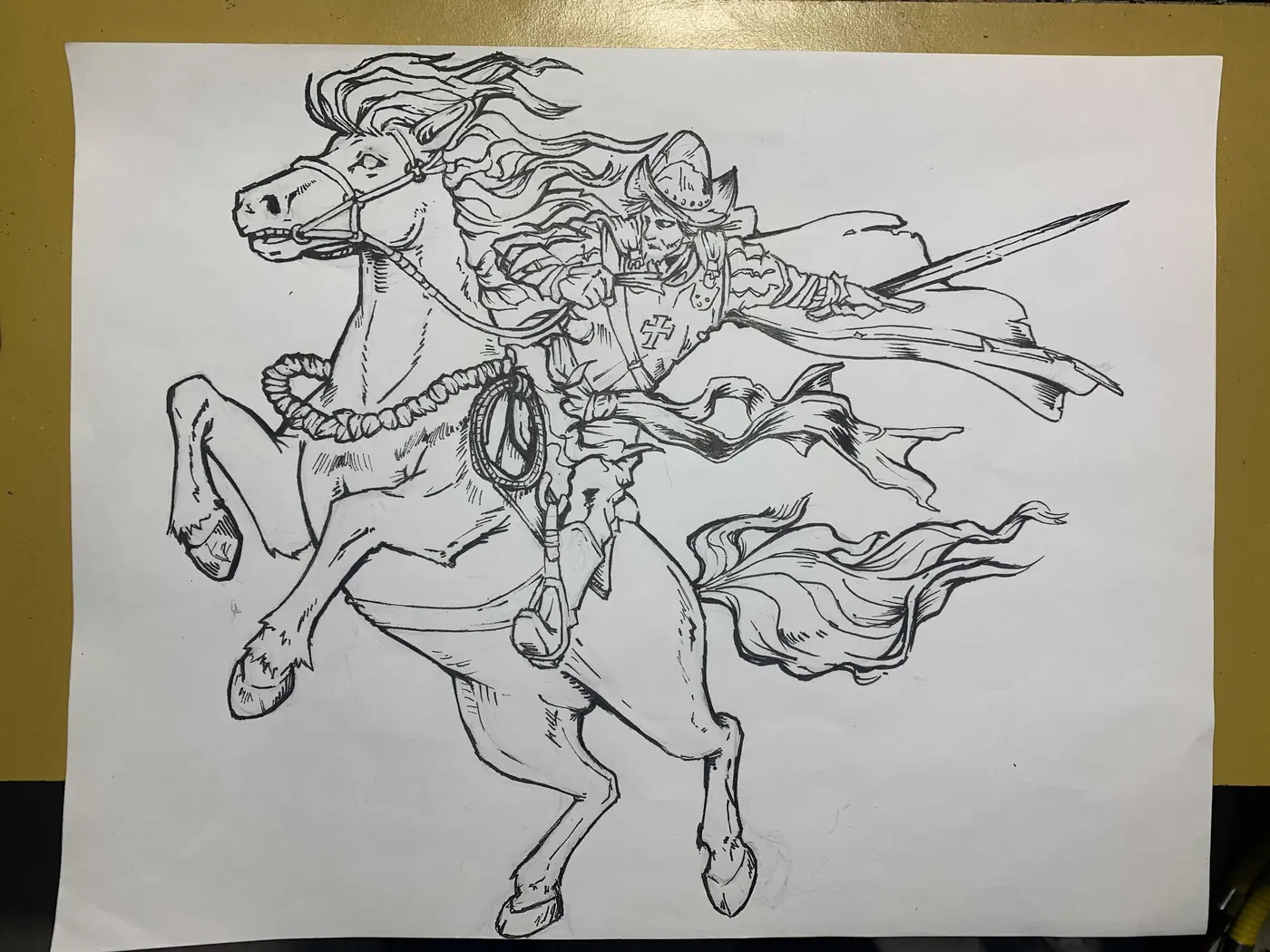 Dibujo a tinta del galán a caballo, sobre papel