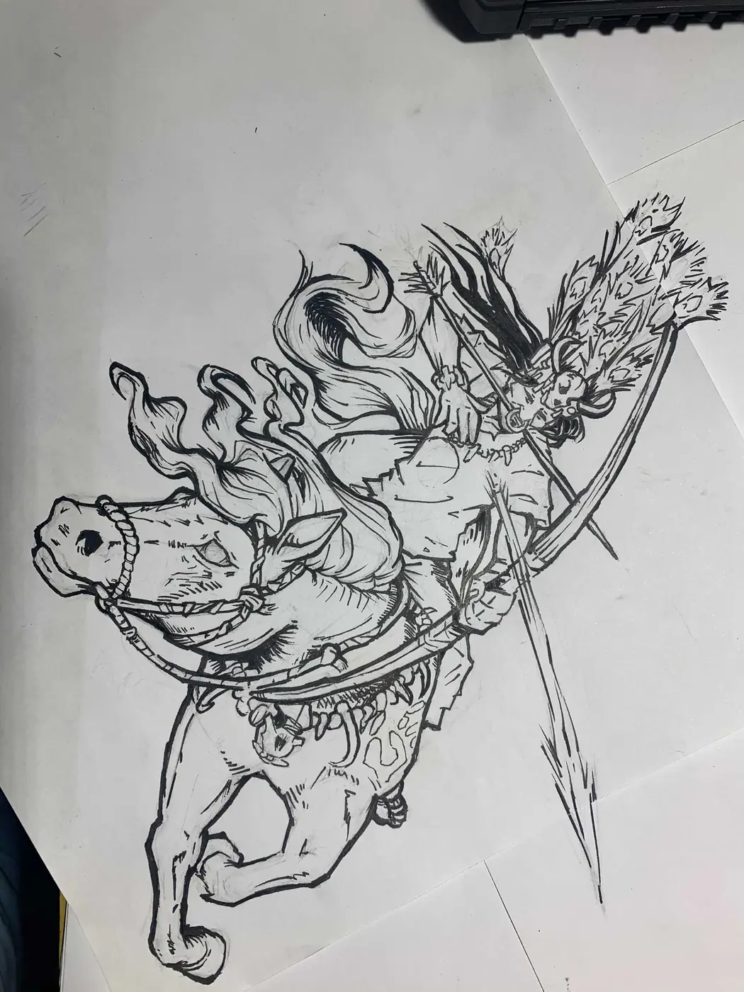 Dibujo a tinta del jinete guahibo con arco, sobre papel