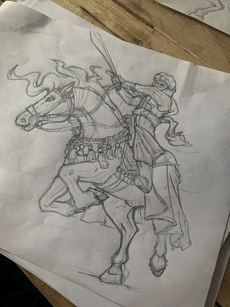 Boceto a lápiz del moro a caballo sobre varias hojas