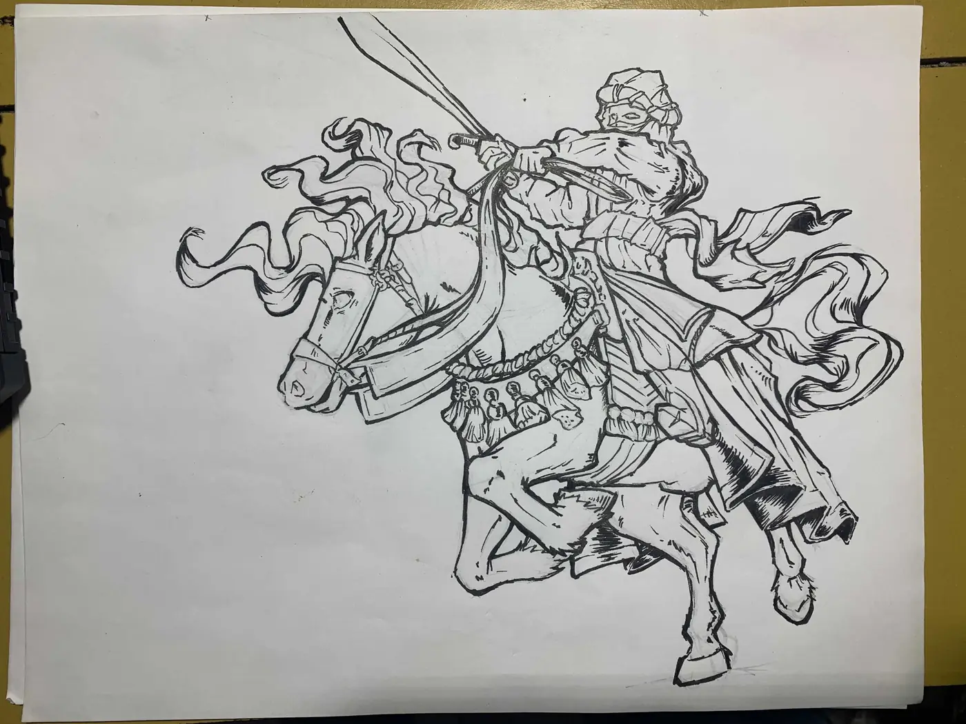 Dibujo a tinta del moro a caballo, sobre papel