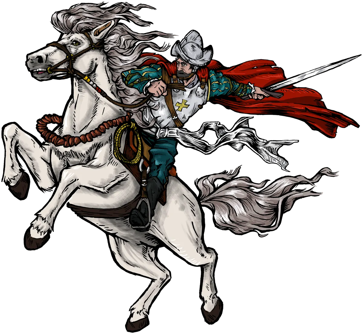 Galán español con capa roja y espada sobre un caballo blanco que se levanta en dos patas