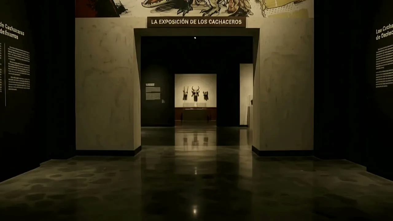 Entrada a la sala La exposición de los Cachaceros: un vano iluminado al fondo de un salón oscuro con máscaras en la pared