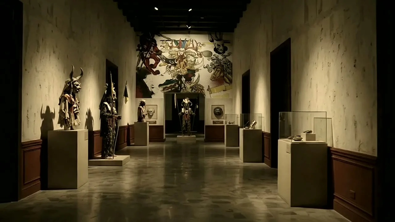 Gran salón con las figuras de las cuadrillas y un mural al fondo